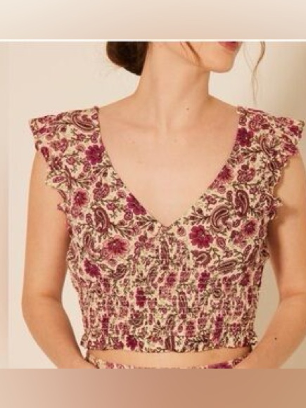 Patrons of peace Floral Smocked V-Neck Crop Top - Pink medium